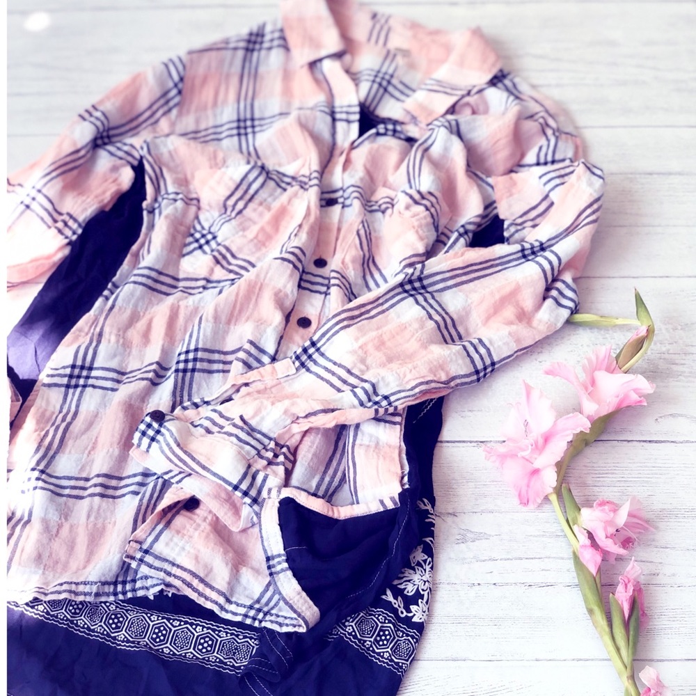 Free People Behind The Funnel Pink Plaid Buttoned